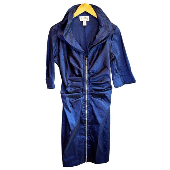 Joseph Ribkoff Blue Metallic Front Zip Evening Sheath Dress - size 12